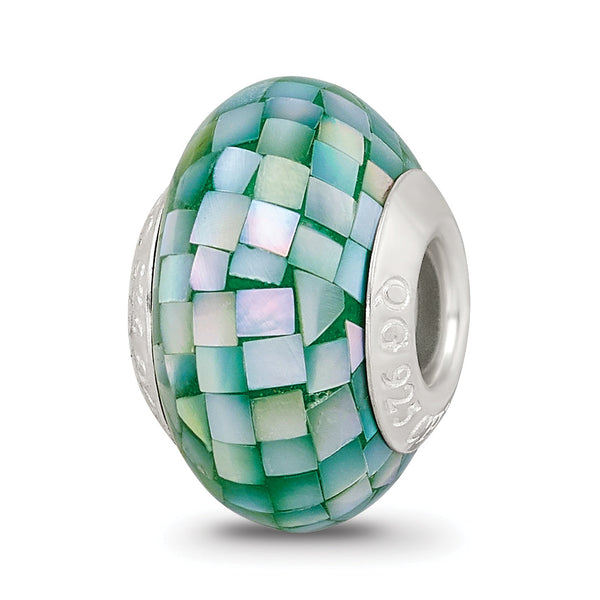 Sterling Silver 925 Green Mother of Pearl Mosaic Bead Elegant Natural Finish