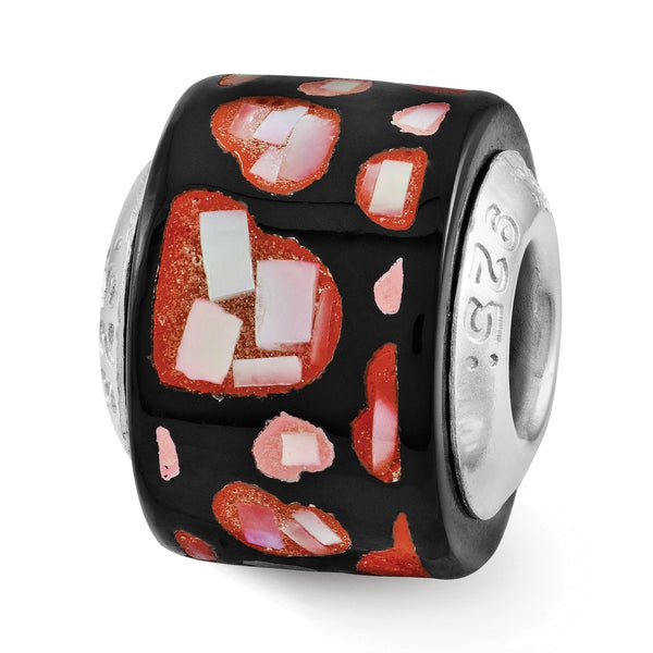 Sterling Silver 925 Mosaic Bead with Red/Black MOP Hearts Elegant Design