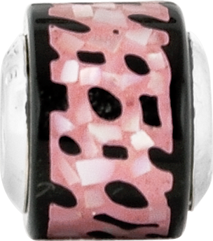 Sterling Silver 925 Mother of Pearl Mosaic Bead with Black and Pink Inlay