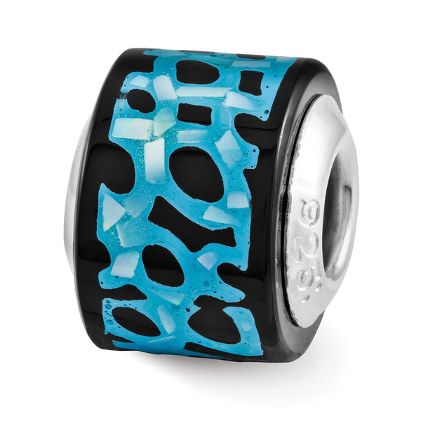 Sterling Silver Mother of Pearl Mosaic Bead with Blue-Black Accents
