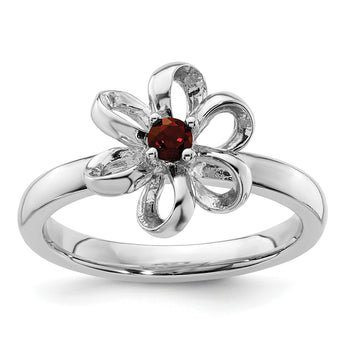 Sterling Silver Stackable Expressions Polished Garnet Flower Ring - Birthstone Company