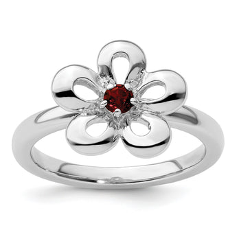 Sterling Silver Stackable Expressions Polished Garnet Flower Ring - Birthstone Company