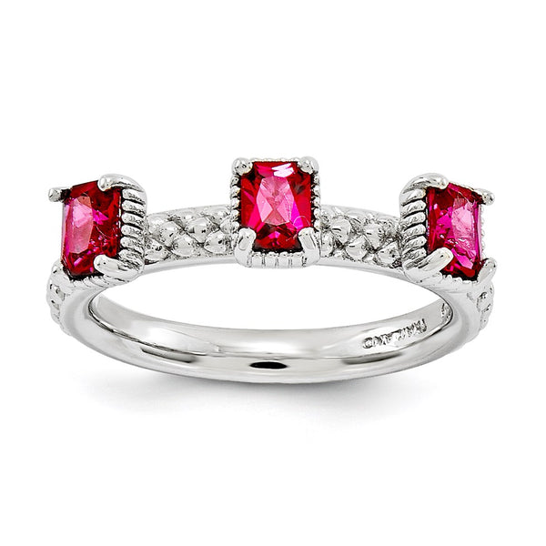 Sterling Silver Stackable Expressions Created Ruby Three Stone Ring - Birthstone Company