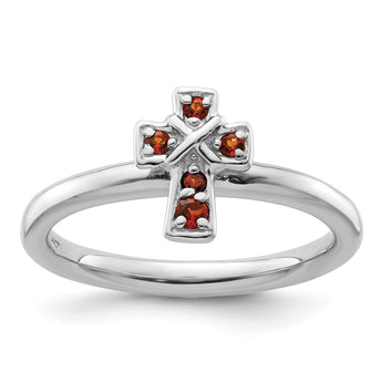 Sterling Silver Stackable Expressions Rhodium Garnet Cross Ring - Birthstone Company