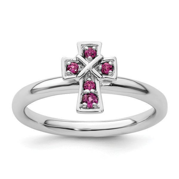 Sterling Silver Stackable Expressions Rhodium Rhodolite Garnet Cross Ring - Birthstone Company