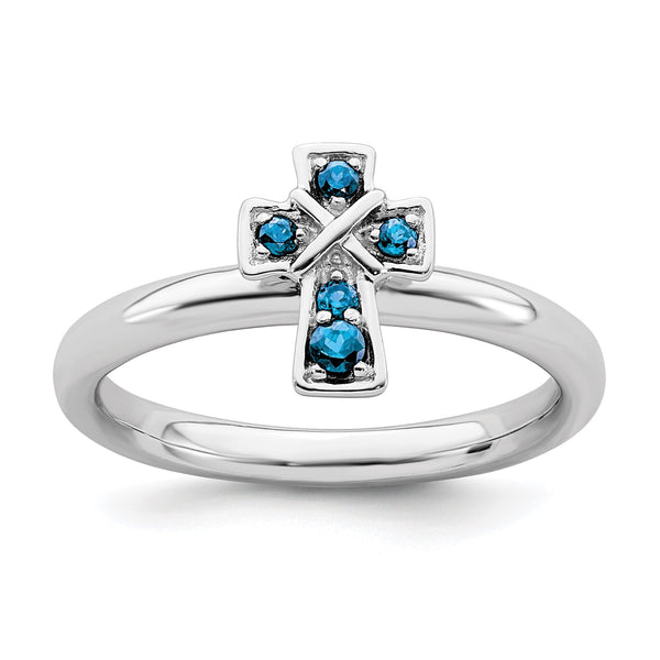Sterling Silver Stackable Expressions Rhodium Blue Topaz Cross Ring - Birthstone Company