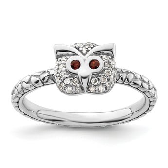 Sterling Silver Stackable Expressions Garnet & Diamond Owl Ring - Birthstone Company