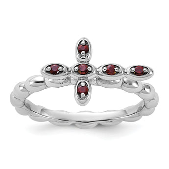 Sterling Silver Stackable Expressions Rhodium-plated Garnet Cross Ring - Birthstone Company