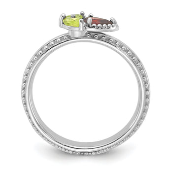 Sterling Silver Stackable Expressions Rhodium-plated Textured Garnet and Peridot Flower Ring - Birthstone Company