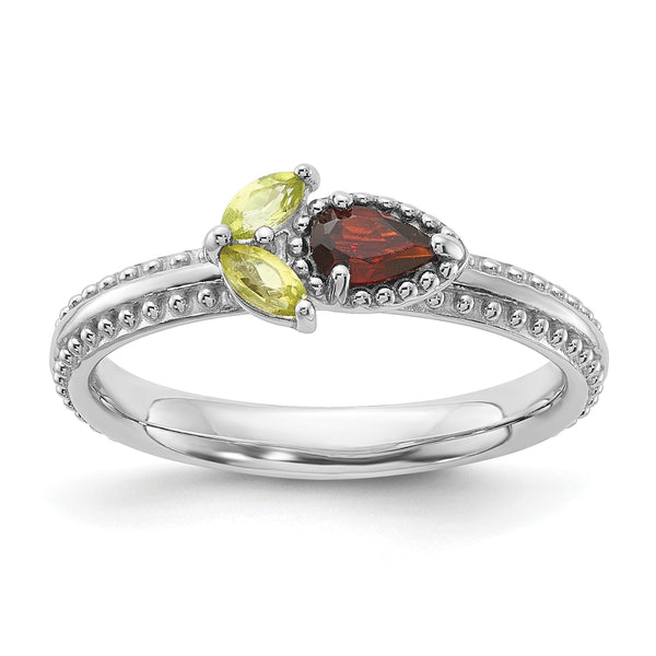 Sterling Silver Stackable Expressions Rhodium-plated Textured Garnet and Peridot Flower Ring - Birthstone Company