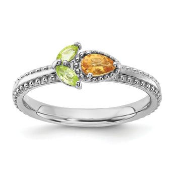 Sterling Silver Stackable Expressions Rhodium-plated Textured Citrine and Peridot Flower Ring - Birthstone Company