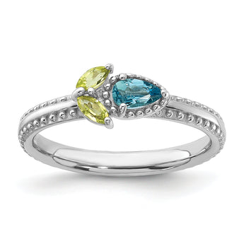 Sterling Silver Stackable Expressions Rhodium-plated Lt Swiss Blue Topaz & Peridot Flower Ring