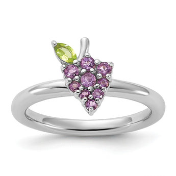 Sterling Silver Stackable Expressions Rhodium-plated Amethyst and Peridot Grapes Ring - Birthstone Company