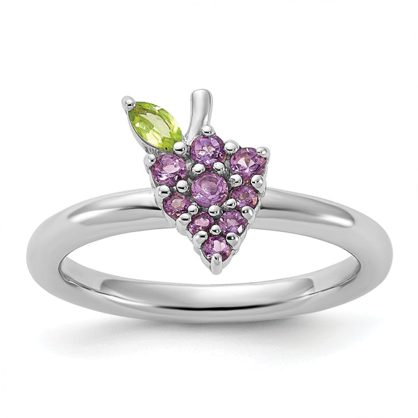 Sterling Silver Stackable Expressions Rhodium-plated Amethyst and Peridot Grapes Ring