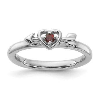 Sterling Silver Stackable Expressions Rhodium-Plated Garnet Heart with Arrow Ring - Birthstone Company