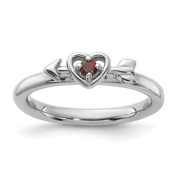 Sterling Silver Stackable Expressions Rhodium-Plated Garnet Heart with Arrow Ring - Birthstone Company