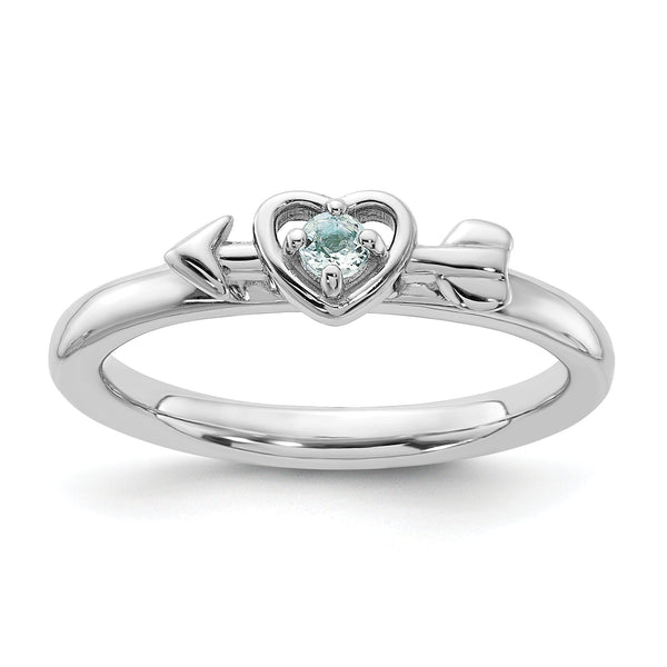 Sterling Silver Stackable Expressions Rhodium-Plated Aquamarine Heart with Arrow Ring