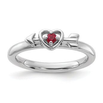 Sterling Silver Stackable Expressions Rhodium-plated Created Ruby Heart with Arrow Ring - Birthstone Company