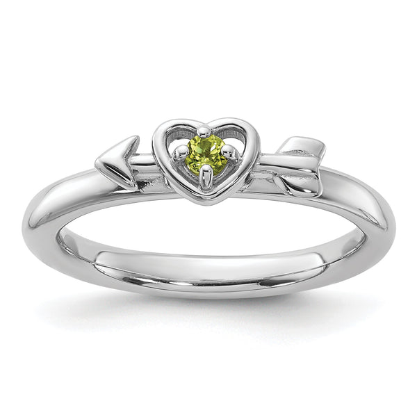 Sterling Silver Stackable Expressions Rhodium-plated Peridot Heart with Arrow Ring - Birthstone Company