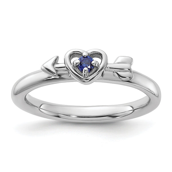 Sterling Silver Stackable Expressions Rhodium-plated Created Sapphire Heart with Arrow Ring - Birthstone Company
