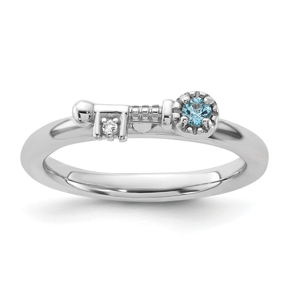 Sterling Silver Stackable Expressions Rhodium-plated Blue and White Topaz Key Ring - Birthstone Company
