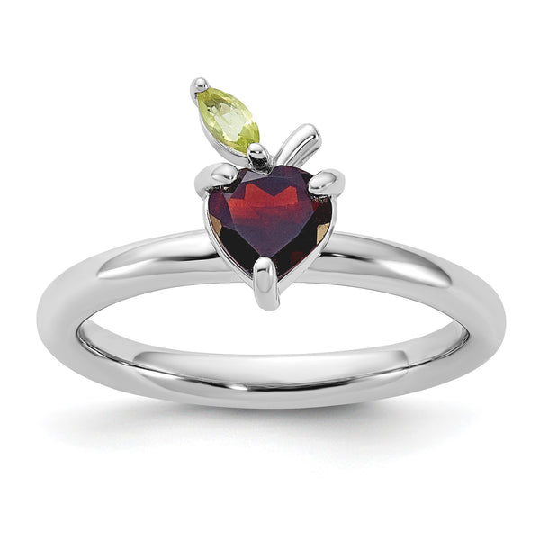 Sterling Silver Stackable Expressions RH-plated Garnet Peridot Apple Ring - Birthstone Company