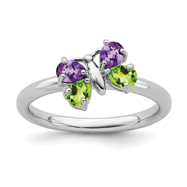 Sterling Silver Stackable Expressions Amethyst & Peridot Butterfly Ring - Birthstone Company