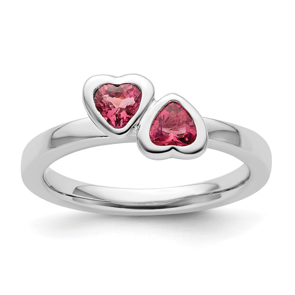 Sterling Silver Stackable Expressions Pink Tourmaline Double Heart Ring - Birthstone Company