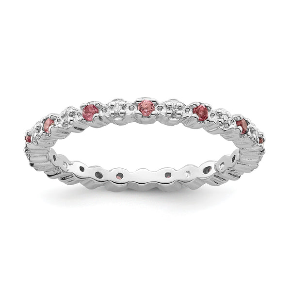 Sterling Silver Stackable Expressions Pink Tourm. & Diamond Ring - Birthstone Company