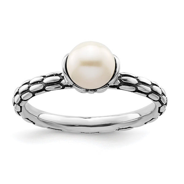 Sterling Silver Stack Expressions Polished Patterned White Freshwater Cultured Pearl Ring - Birthstone Company