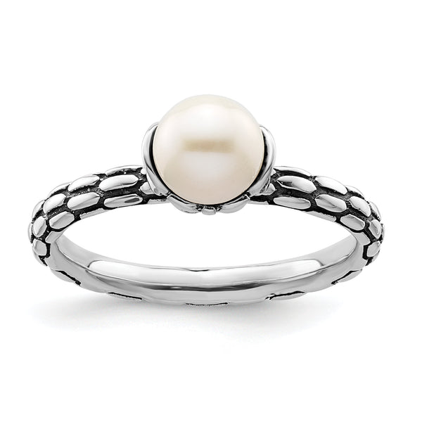 Sterling Silver Stack Expressions Polished Patterned White Freshwater Cultured Pearl Ring