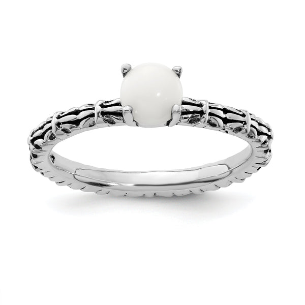 White Agate Stackable Ring in Sterling Silver, Antiqued, Size 5–10