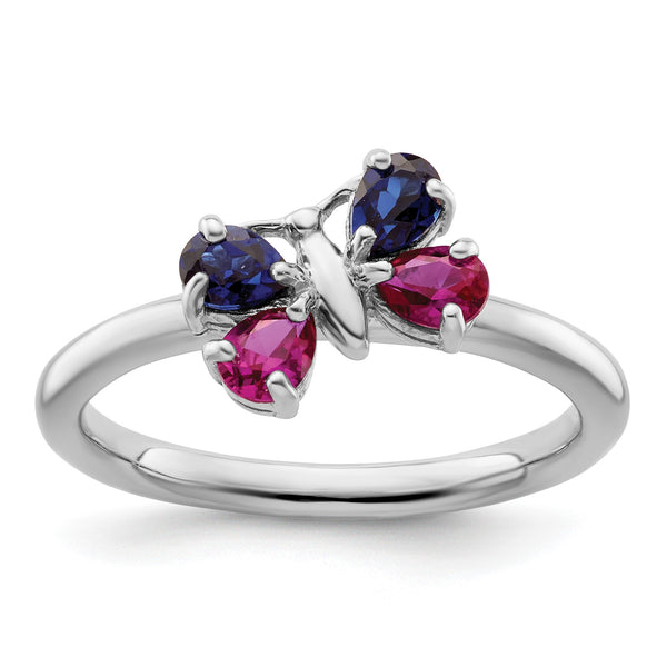 Sterling Silver Stackable Expressions Cr Ruby & Cr Sapphire Butterfly Ring - Birthstone Company