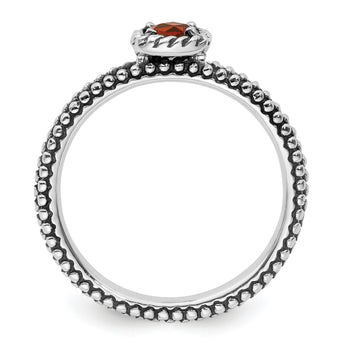 Sterling Silver Stackable Expressions Checker-cut Garnet Antiqued Ring - Birthstone Company