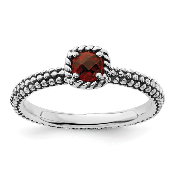 Sterling Silver Stackable Expressions Checker-cut Garnet Antiqued Ring - Birthstone Company
