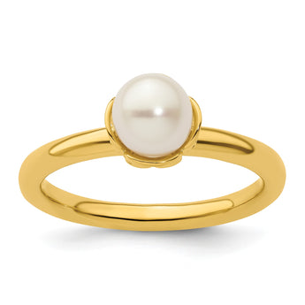 Sterling Silver Stack Exp. White FW Cultured Pearl Gold-plated Ring - Birthstone Company