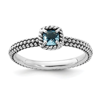 Sterling Silver Stackable Expressions Checker-cut Blue Topaz Antiqued Ring - Birthstone Company