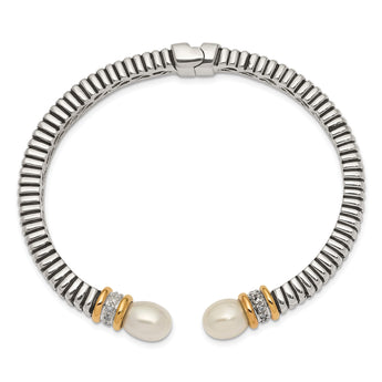 Sterling Silver 14K Gold Pearl Diamond Hinged Cuff Bracelet - Birthstone Company