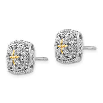 Sterling Silver 14K Gold Vintage Diamond Button Earrings