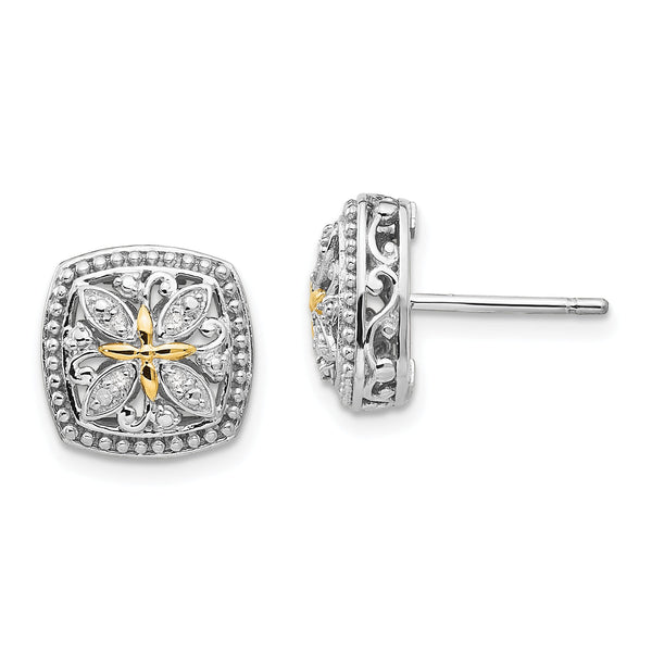 Sterling Silver 14K Gold Vintage Diamond Button Earrings