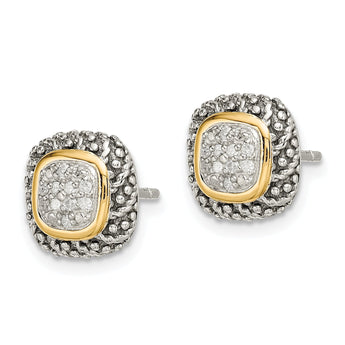 Sterling Silver 14K Gold Diamond Button Earrings Vintage Elegance