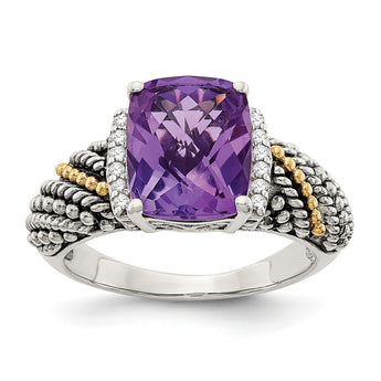 Shey Couture Sterling Silver with 14K Accent Antiqued Diamond and Cushion Amethyst Ring - Birthstone Company