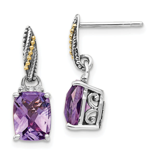 Sterling Silver 14K Gold Amethyst Diamond Dangle Earrings