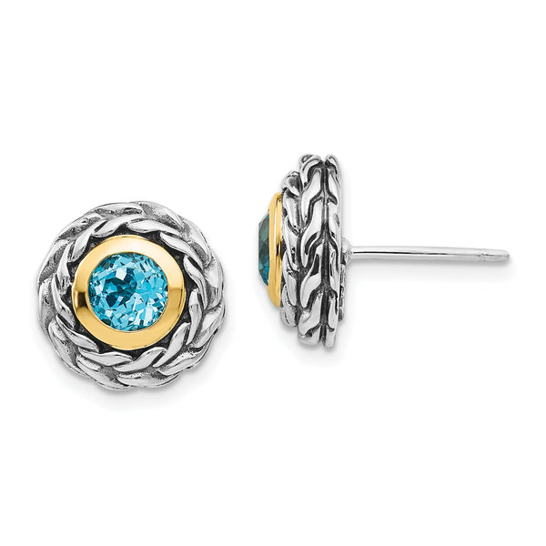 Sterling Silver 14K Accent Blue Topaz Bezel Set Earrings