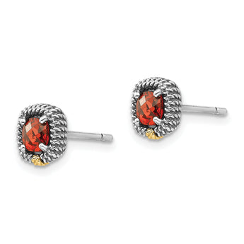 Garnet Cushion Stud Earrings in Sterling Silver with 14K Gold Accent
