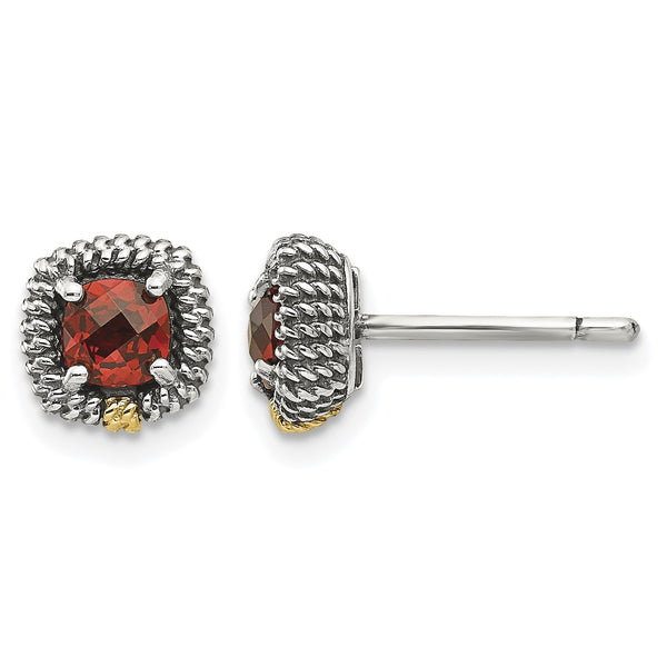 Garnet Cushion Stud Earrings in Sterling Silver with 14K Gold Accent - Birthstone Company