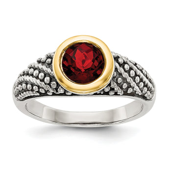 Shey Couture Sterling Silver with 14K Accent Antiqued Round Bezel Garnet Ring - Birthstone Company