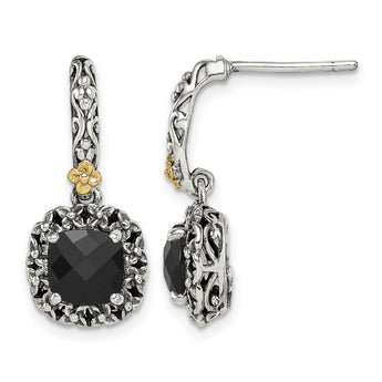 Shey Couture Sterling Silver with 14K Accent Antiqued Checkerboard-cut Black Onyx Post Dangle Earrings - Birthstone Company