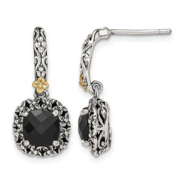 Shey Couture Sterling Silver with 14K Accent Antiqued Checkerboard-cut Black Onyx Post Dangle Earrings - Birthstone Company