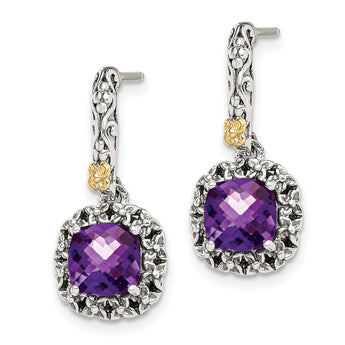 Shey Couture Sterling Silver with 14K Accent Antiqued Cushion Amethyst Post Dangle Earrings - Birthstone Company